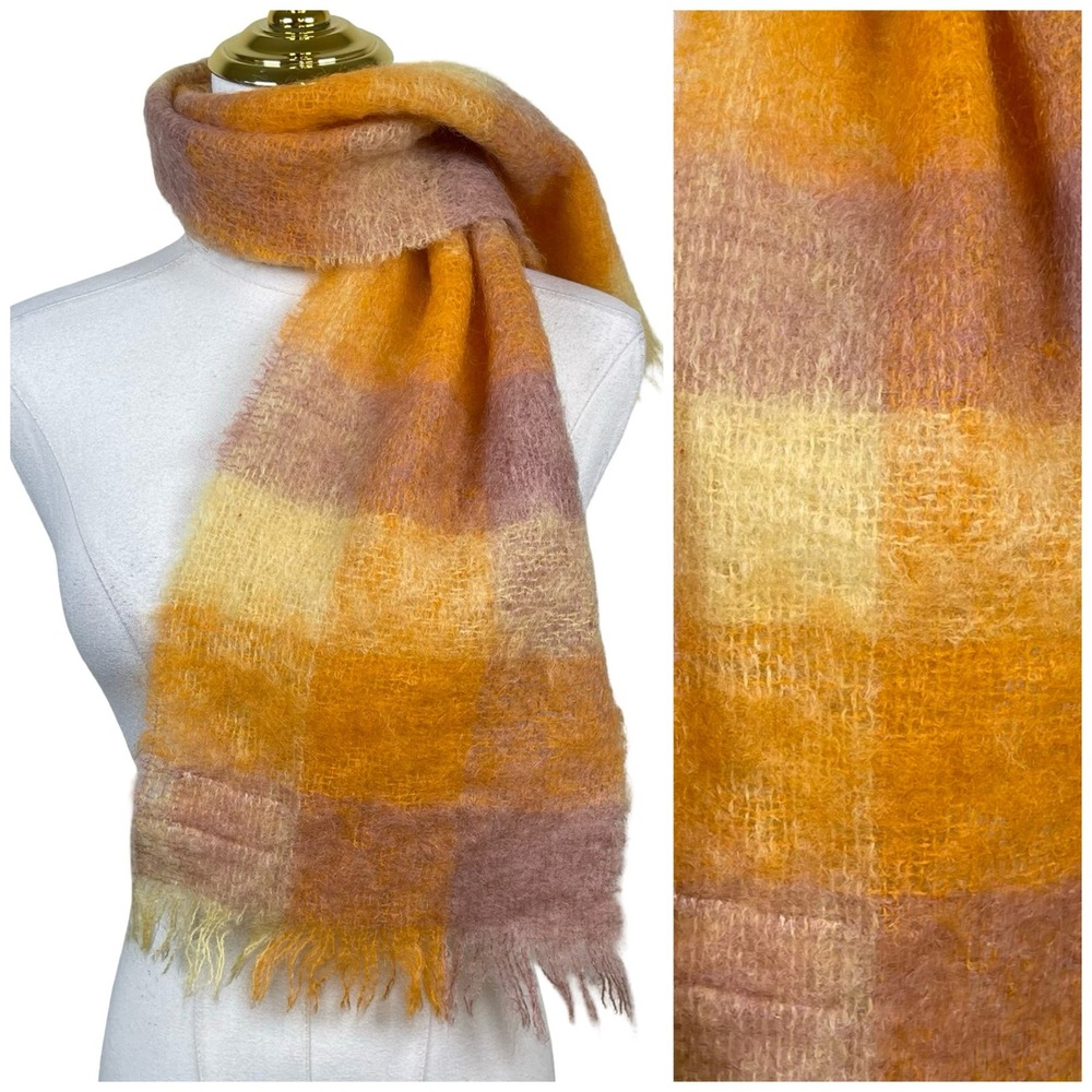 Vintage Mohair Pile Scarf Orange Pink Plaid Wool Blend Made in Scotland 60s 70s